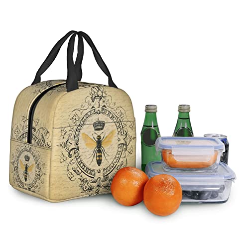 srufqsi Vintage Bee Lunch Bag Insulated Water-Resistant Tote Bag Reusable Lunch Box For Picnic Travel