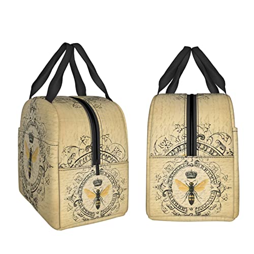 srufqsi Vintage Bee Lunch Bag Insulated Water-Resistant Tote Bag Reusable Lunch Box For Picnic Travel