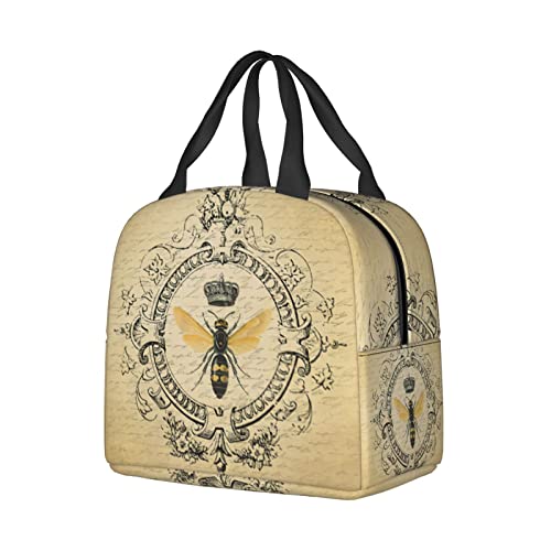 srufqsi Vintage Bee Lunch Bag Insulated Water-Resistant Tote Bag Reusable Lunch Box For Picnic Travel