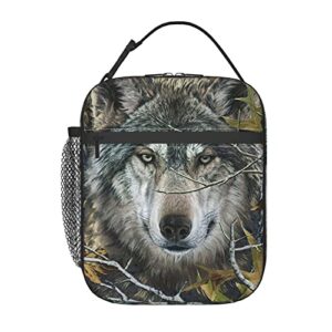 srufqsi portable lunch bag, forest camouflage wolf insulated lunch tote with side pocket, reusable lunchboxes for travel picnic work outdoor