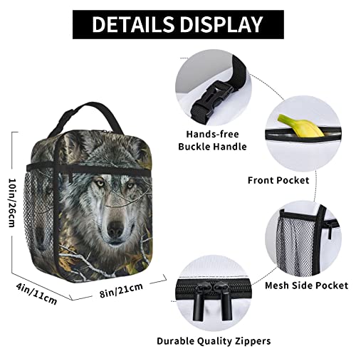 srufqsi Portable Lunch Bag, Forest Camouflage Wolf Insulated Lunch Tote With Side Pocket, Reusable Lunchboxes for Travel Picnic Work Outdoor