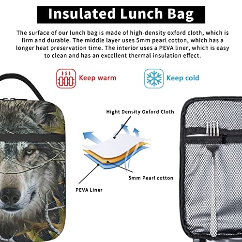 srufqsi Portable Lunch Bag, Forest Camouflage Wolf Insulated Lunch Tote With Side Pocket, Reusable Lunchboxes for Travel Picnic Work Outdoor