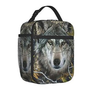 srufqsi Portable Lunch Bag, Forest Camouflage Wolf Insulated Lunch Tote With Side Pocket, Reusable Lunchboxes for Travel Picnic Work Outdoor