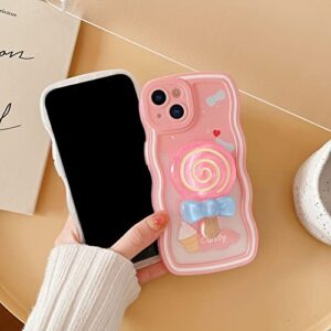 KUMTZO Compatible with iPhone 13 Case, Cute Cream Print Clear Soft TPU Case with Candy Ring Kickstand Camera Protection Shockproof Cover for Women Girls with iPhone 13 6.1 inch (Pink)