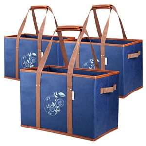 liviable reusable grocery shopping bags, foldable, heavy duty tote, box bags with long handles and solid bottom, large - set of 3, navy blue
