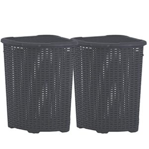 plastic corner laundry hamper with lid, curved designed laundry basket, 2 pack triangle grey cloths hamper organizer with cut-out handles for laundry room bedroom bathroom, wicker design, 50 liter