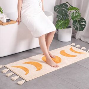 LABEND HOME Half Moon Bohemian Area Rugs, Moon Phases Bath Mat with Tassels for Bathroom, Bedroom, College, Dorm, Boho Room Décor, Beige Neutral Creamy Orange 20x60