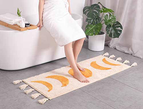 LABEND HOME Half Moon Bohemian Area Rugs, Moon Phases Bath Mat with Tassels for Bathroom, Bedroom, College, Dorm, Boho Room Décor, Beige Neutral Creamy Orange 20x60