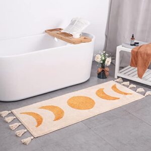 labend home half moon bohemian area rugs, moon phases bath mat with tassels for bathroom, bedroom, college, dorm, boho room décor, beige neutral creamy orange 20x60