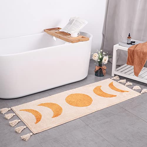 LABEND HOME Half Moon Bohemian Area Rugs, Moon Phases Bath Mat with Tassels for Bathroom, Bedroom, College, Dorm, Boho Room Décor, Beige Neutral Creamy Orange 20x60