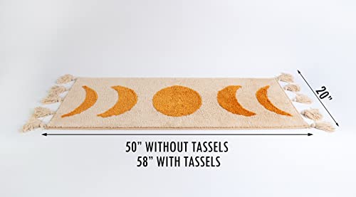 LABEND HOME Half Moon Bohemian Area Rugs, Moon Phases Bath Mat with Tassels for Bathroom, Bedroom, College, Dorm, Boho Room Décor, Beige Neutral Creamy Orange 20x60