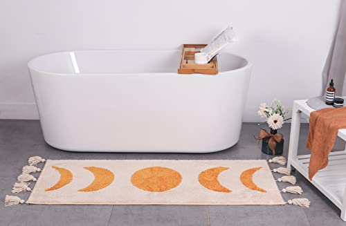 LABEND HOME Half Moon Bohemian Area Rugs, Moon Phases Bath Mat with Tassels for Bathroom, Bedroom, College, Dorm, Boho Room Décor, Beige Neutral Creamy Orange 20x60