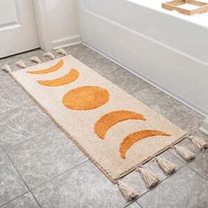 LABEND HOME Half Moon Bohemian Area Rugs, Moon Phases Bath Mat with Tassels for Bathroom, Bedroom, College, Dorm, Boho Room Décor, Beige Neutral Creamy Orange 20x60