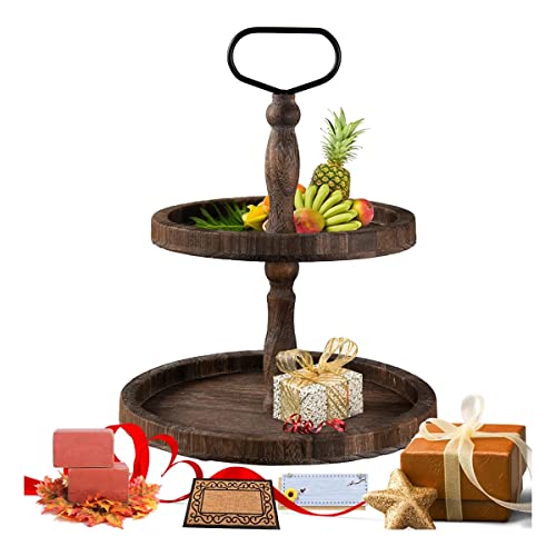 Wooden 2 Tiered Tray ––Elegant Seasonal Decor for Home - Round Serving Tray Tier for Dessert, Coffee Cups, and Garden Essentials –Brown