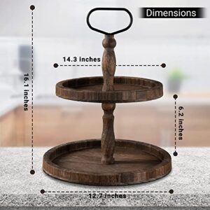 Wooden 2 Tiered Tray ––Elegant Seasonal Decor for Home - Round Serving Tray Tier for Dessert, Coffee Cups, and Garden Essentials –Brown