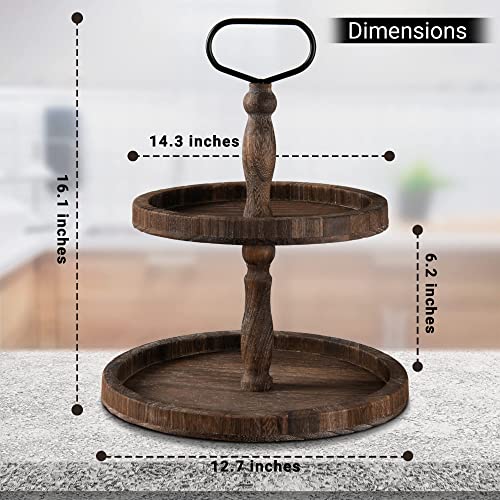 Wooden 2 Tiered Tray ––Elegant Seasonal Decor for Home - Round Serving Tray Tier for Dessert, Coffee Cups, and Garden Essentials –Brown