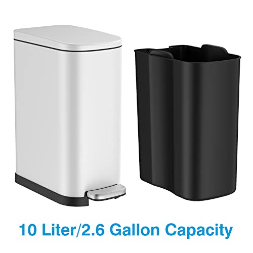 BETHEBEST 10 Liter/ 2.6 Gallon Small Trash Can with Lid,Rectangular Foot Pedal Trash Bin with Removable Inner Bucket for Bathroom,Bedroom,Office(White)