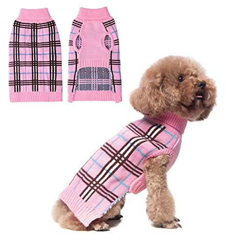 DILLYBUD Small Dog Sweaters, Dog Clothes Turtleneck Plaid Knitwear Pet Sweater Pullover for Puppy Doggie Cat Girls or Boys, Dog Apparel Coat for Fall Winter Cold Weather Indoor or Outdoor Size S,XS,M