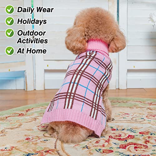 DILLYBUD Small Dog Sweaters, Dog Clothes Turtleneck Plaid Knitwear Pet Sweater Pullover for Puppy Doggie Cat Girls or Boys, Dog Apparel Coat for Fall Winter Cold Weather Indoor or Outdoor Size S,XS,M