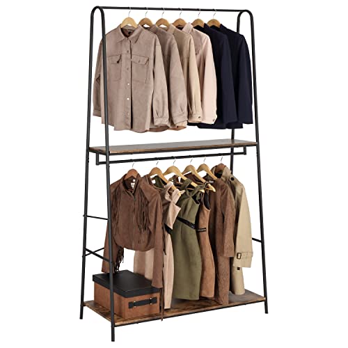 Finnhomy Rustic Clothes Rack for Hanging Clothes Heavy Duty Clothing Garment Racks with 2-Tier wood Shelves, Metal Freestanding Closet Storage Rack Double Hanging Rails for Bedroom/Boutique