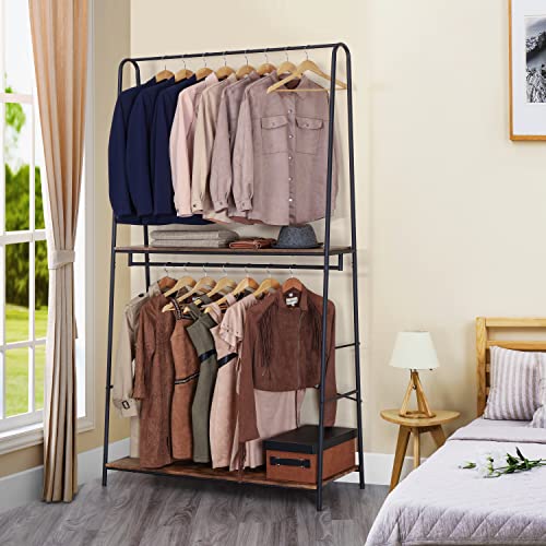 Finnhomy Rustic Clothes Rack for Hanging Clothes Heavy Duty Clothing Garment Racks with 2-Tier wood Shelves, Metal Freestanding Closet Storage Rack Double Hanging Rails for Bedroom/Boutique