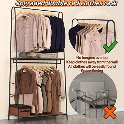 Finnhomy Rustic Clothes Rack for Hanging Clothes Heavy Duty Clothing Garment Racks with 2-Tier wood Shelves, Metal Freestanding Closet Storage Rack Double Hanging Rails for Bedroom/Boutique