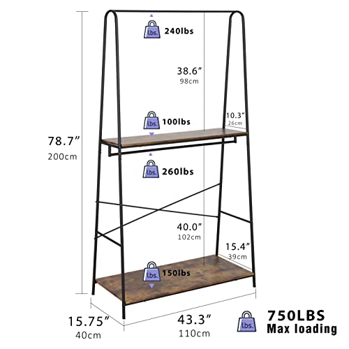 Finnhomy Rustic Clothes Rack for Hanging Clothes Heavy Duty Clothing Garment Racks with 2-Tier wood Shelves, Metal Freestanding Closet Storage Rack Double Hanging Rails for Bedroom/Boutique