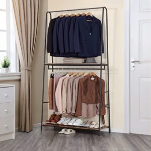 Finnhomy Rustic Clothes Rack for Hanging Clothes Heavy Duty Clothing Garment Racks with 2-Tier wood Shelves, Metal Freestanding Closet Storage Rack Double Hanging Rails for Bedroom/Boutique