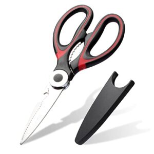 defutay kitchen shears with protective sheath - heavy duty kitchen scissors meat scissors stainless steel multipurpose utility scissors - food scissors for chicken, poultry, fish, herbs (black red)