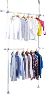 adjustable clothes garment rack for hanging clothes with 2 layers of retractable heavy closet hanger rods, rolling garment rack with shelves carbon steel material 30"w x 97"l to 53"w x 119" l