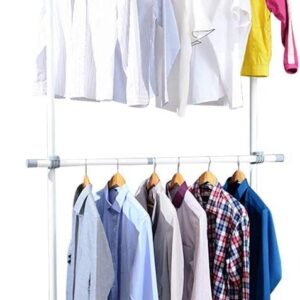 Adjustable Clothes Garment Rack for Hanging Clothes with 2 Layers of Retractable Heavy Closet Hanger Rods, Rolling Garment Rack with Shelves Carbon Steel Material 30"W x 97"L to 53"W x 119" L