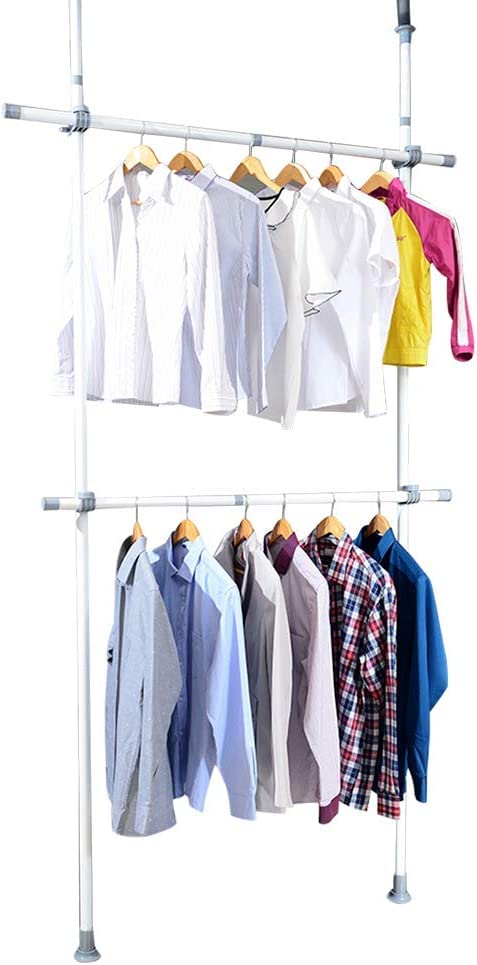 Adjustable Clothes Garment Rack for Hanging Clothes with 2 Layers of Retractable Heavy Closet Hanger Rods, Rolling Garment Rack with Shelves Carbon Steel Material 30"W x 97"L to 53"W x 119" L