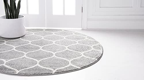 Rugs.com Lattice Frieze Collection Rug – 3' Round Light Gray Medium Rug Perfect for Kitchens, Dining Rooms