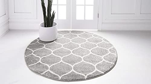 Rugs.com Lattice Frieze Collection Rug – 3' Round Light Gray Medium Rug Perfect for Kitchens, Dining Rooms