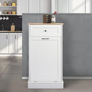 TOLEAD Tilt Out Trash Cabinet,Antique-Style Beadboard Kitchen Island with Solid Wood Tabletop & Drawer, Pet Proof Trash Can, Wood Laundry Cabinet (White)
