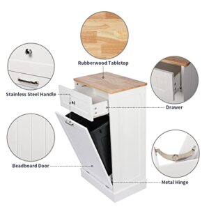 TOLEAD Tilt Out Trash Cabinet,Antique-Style Beadboard Kitchen Island with Solid Wood Tabletop & Drawer, Pet Proof Trash Can, Wood Laundry Cabinet (White)
