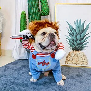 Pet Deadly Doll Dog Costume, Novelty Halloween Christmas Costumes Funny Dog Cosplay Outfits Cute Clothes for Small Medium Large Dogs Cats Party Dress Up Cool Puppy Costumes Scary Spooky Apparel Blue