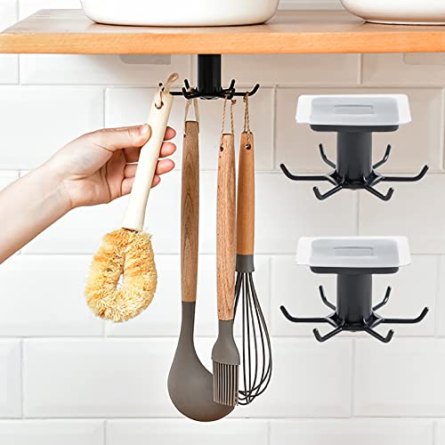 2 Pcs Under Cabinet Hanger Rack, 360° Rotation Nail Free Adhesive Kitchen Utensil Holder Hanging Hooks with 6 Rotatable Claws for Kitchen Bathroom Organizer and Storage (Black)