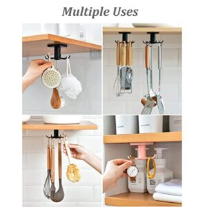 2 Pcs Under Cabinet Hanger Rack, 360° Rotation Nail Free Adhesive Kitchen Utensil Holder Hanging Hooks with 6 Rotatable Claws for Kitchen Bathroom Organizer and Storage (Black)