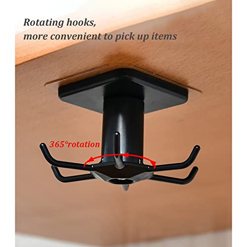 2 Pcs Under Cabinet Hanger Rack, 360° Rotation Nail Free Adhesive Kitchen Utensil Holder Hanging Hooks with 6 Rotatable Claws for Kitchen Bathroom Organizer and Storage (Black)