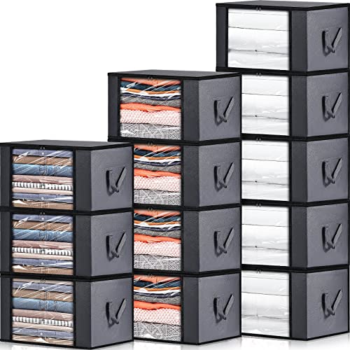 12 Pack Jumbo Clothes Storage Bins Bags 90L Large Capacity Blanket Organizer Containers, Foldable Storage Closet Containers with Clear Window Handle for Organizing Clothing Bedroom Comforter (Grey)