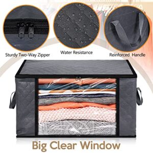 12 Pack Jumbo Clothes Storage Bins Bags 90L Large Capacity Blanket Organizer Containers, Foldable Storage Closet Containers with Clear Window Handle for Organizing Clothing Bedroom Comforter (Grey)