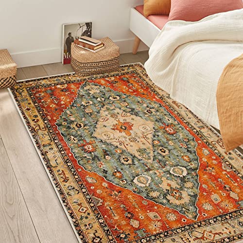 Boho Area Rug, 4' x 6' Machine Washable Rugs for Entryway Faux Wool Large Rugs Distressed Throw Rug Non-Slip Floor Carpet for Indoor Bedroom Kitchen Living Room