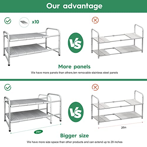 MULISOFT 2-Tier 10 Panels Under Sink Organizer Kitchen Rack Expandable Cabinet Shelf Organizer Rack with Removable Panels for Kitchen Bathroom Storage (expand from 17 to 29 inches) Stainless Steel