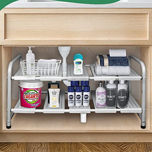 MULISOFT 2-Tier 10 Panels Under Sink Organizer Kitchen Rack Expandable Cabinet Shelf Organizer Rack with Removable Panels for Kitchen Bathroom Storage (expand from 17 to 29 inches) Stainless Steel