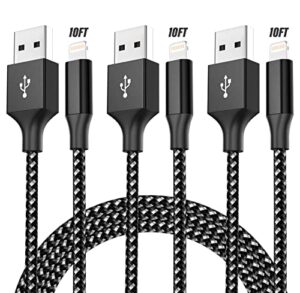 apple mfi certified lightning cable 3 pack 10 ft，nylon braided iphone charger fast charging iphone charger cord super long compatible with iphone 13 12 11 pro max xr xs x 8 7 6 plus se ipad and more