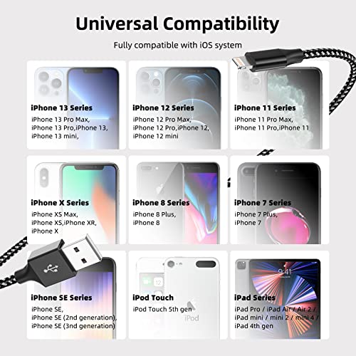 Apple MFi Certified Lightning Cable 3 Pack 10 FT，Nylon Braided iPhone Charger Fast Charging iPhone Charger Cord Super Long Compatible with iPhone 13 12 11 Pro Max XR XS X 8 7 6 Plus SE iPad and More