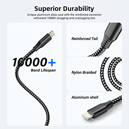 Apple MFi Certified Lightning Cable 3 Pack 10 FT，Nylon Braided iPhone Charger Fast Charging iPhone Charger Cord Super Long Compatible with iPhone 13 12 11 Pro Max XR XS X 8 7 6 Plus SE iPad and More