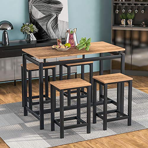 DKLGG 5-Piece Dining Table Set for 4, Modern Kitchen Counter Height Table Set with 4 Stools, Wood Pub Table Bar Table Set, Dining Room Table Set Bar Table and Chairs for Small Space (Brown)