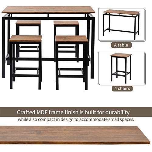 DKLGG 5-Piece Dining Table Set for 4, Modern Kitchen Counter Height Table Set with 4 Stools, Wood Pub Table Bar Table Set, Dining Room Table Set Bar Table and Chairs for Small Space (Brown)